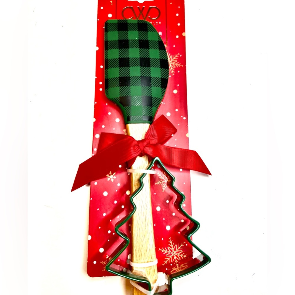 Christmas Green Black Plaid Silicone Spatula + Xmas Tree Cookie Cutter Green